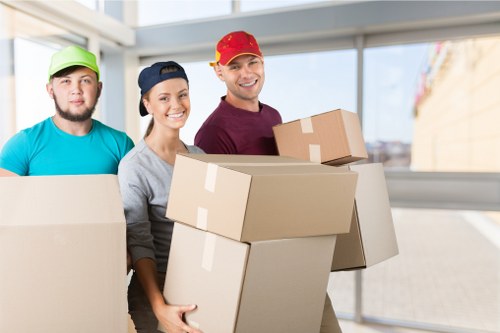 Packed office equipment ready for a business move in North London
