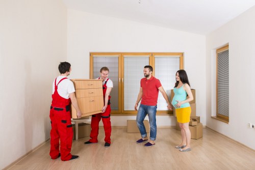 Business relocation equipment and office furniture prepared for transport