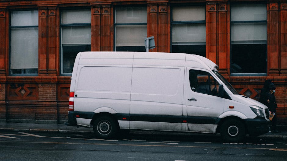 A quiet residential street with parked cars lining both sides of the road, including hatchbacks, sedans, and vans, with some covered by protective tarps. At the far end, a man with a van, part of the 