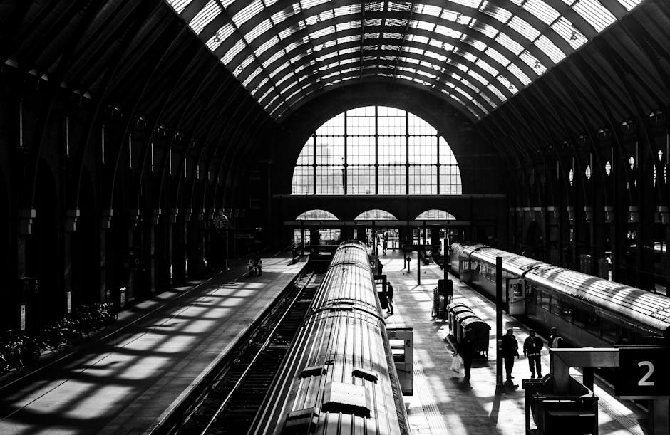 Inside a large train station with a high arched glass ceiling allowing natural light to cast shadows across the platform. Several trains with metallic exteriors are parked alongside the platforms, with doors visible for passenger loading and unloading. People are walking along the platform, engaged in various activities related to travel. In the foreground, a moving trolley or small cart may be present for luggage transport. The station's interior features steel beams and large windows, typical of an urban railway environment. This scene exemplifies the logistical challenges of home relocation and furniture transport, where efficient moving strategies are essential for smooth loading and unloading of belongings at busy transportation hubs, similar to those managed by [COMPANY_NAME] for reliable removals services near King's Cross N1C, including packing and handling of boxes, furniture, and appliances in preparation for onward transport.